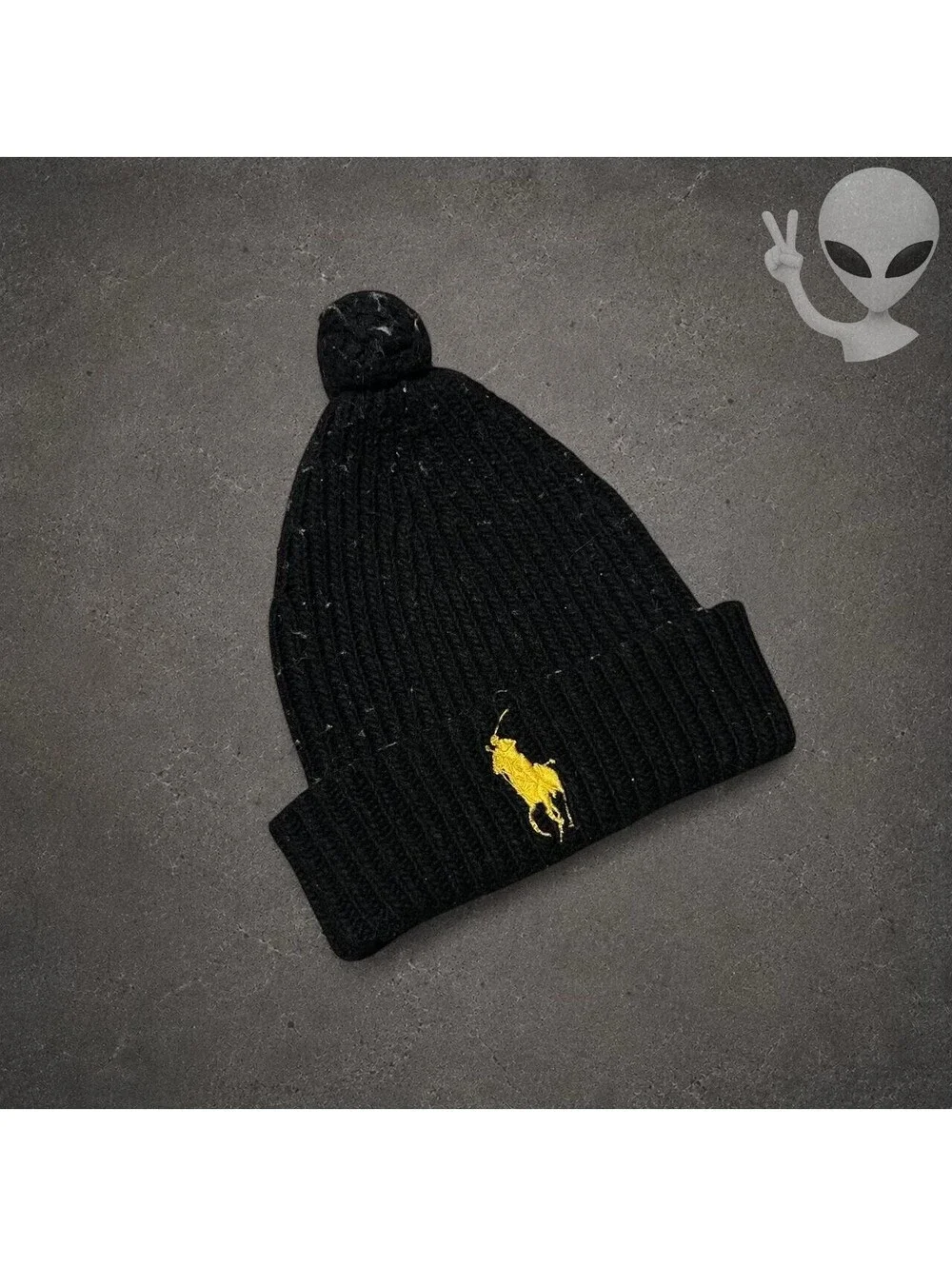 Polo Ralph Lauren Ribbed Knit Pom Beanie Hat Mens One Size Black Gold Big Pony